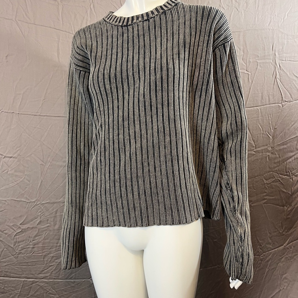 Vintage Moto Fox Striped Ribbed Crewneck Sweater - Gray